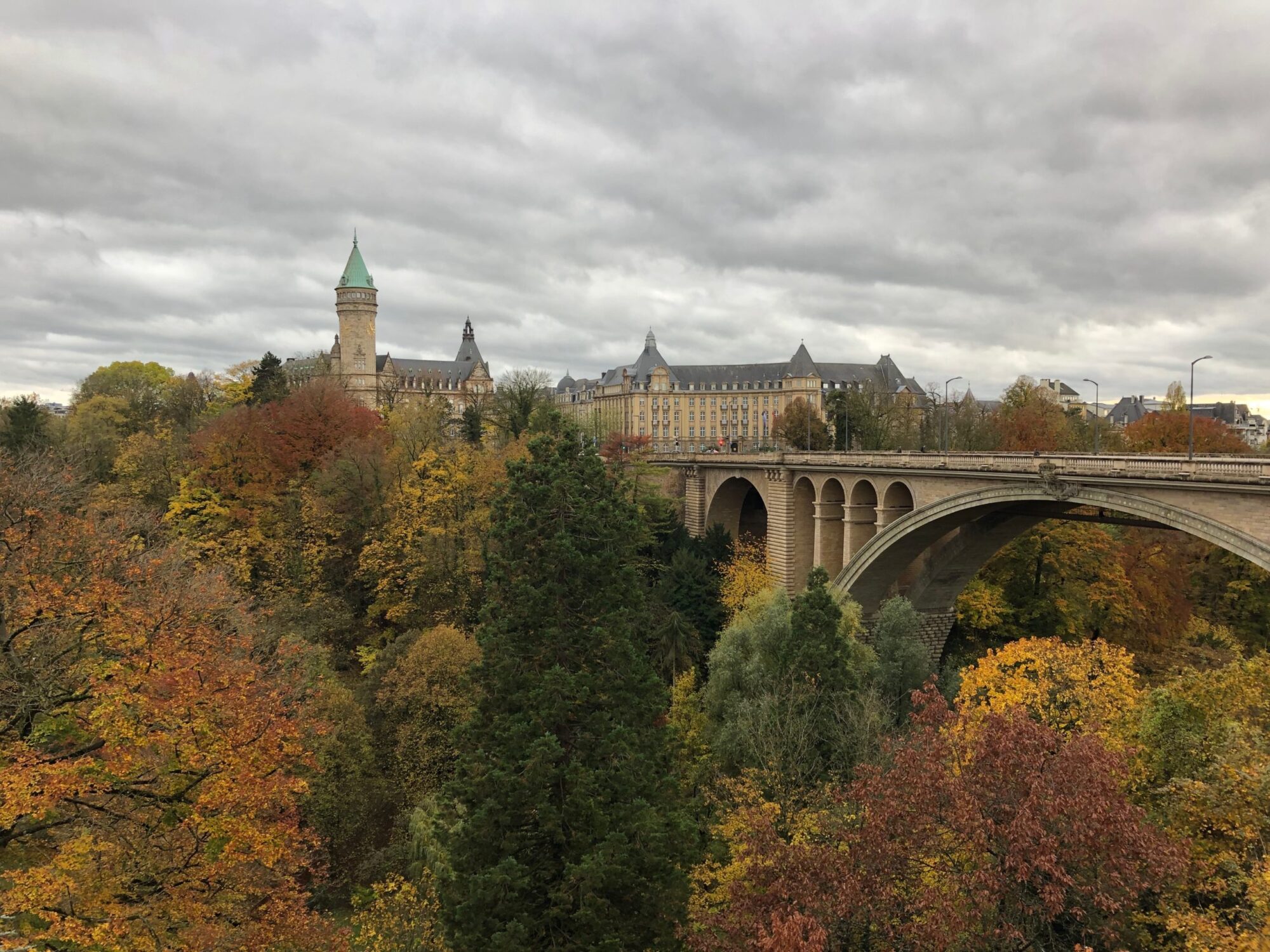 View of bridge over canyon of autumn trees